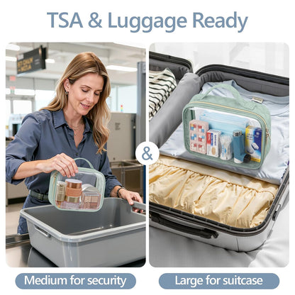 Clear Makeup Bag Travel - TSA Approved Toiletry Bag, 2 Pack Black | 1 Medium Quart Carry-On & 1 Large Checked-Luggage, Easy-Carry Handle, Water-Resistant, Clear Easy-Check for Airport, Women