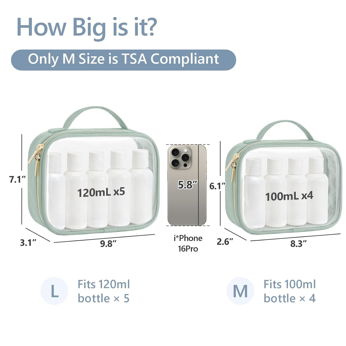Clear Makeup Bag Travel - TSA Approved Toiletry Bag, 2 Pack Black | 1 Medium Quart Carry-On & 1 Large Checked-Luggage, Easy-Carry Handle, Water-Resistant, Clear Easy-Check for Airport, Women