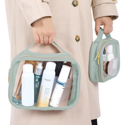 Clear Makeup Bag Travel - TSA Approved Toiletry Bag, 2 Pack Black | 1 Medium Quart Carry-On & 1 Large Checked-Luggage, Easy-Carry Handle, Water-Resistant, Clear Easy-Check for Airport, Women
