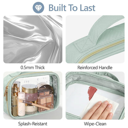 Clear Makeup Bag Travel - TSA Approved Toiletry Bag, 2 Pack Black | 1 Medium Quart Carry-On & 1 Large Checked-Luggage, Easy-Carry Handle, Water-Resistant, Clear Easy-Check for Airport, Women