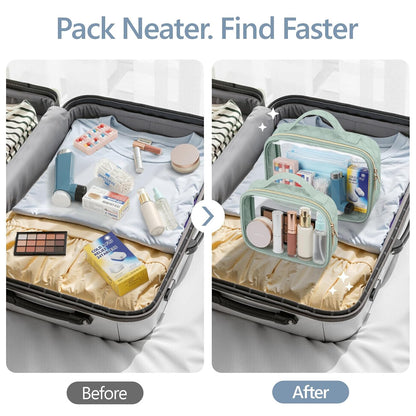 Clear Makeup Bag Travel - TSA Approved Toiletry Bag, 2 Pack Black | 1 Medium Quart Carry-On & 1 Large Checked-Luggage, Easy-Carry Handle, Water-Resistant, Clear Easy-Check for Airport, Women