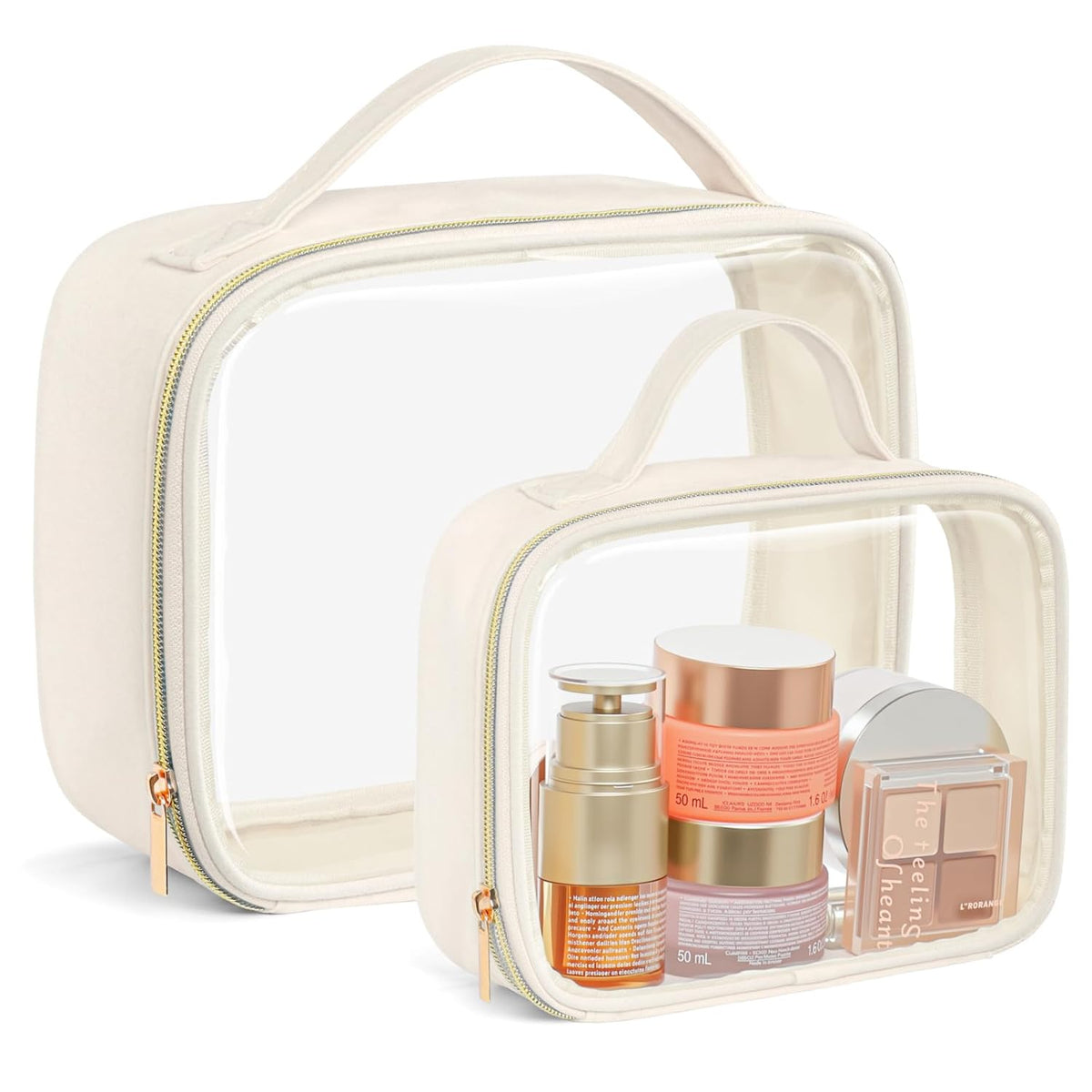 Clear Makeup Bag Travel - TSA Approved Toiletry Bag, 2 Pack Black | 1 Medium Quart Carry-On & 1 Large Checked-Luggage, Easy-Carry Handle, Water-Resistant, Clear Easy-Check for Airport, Women