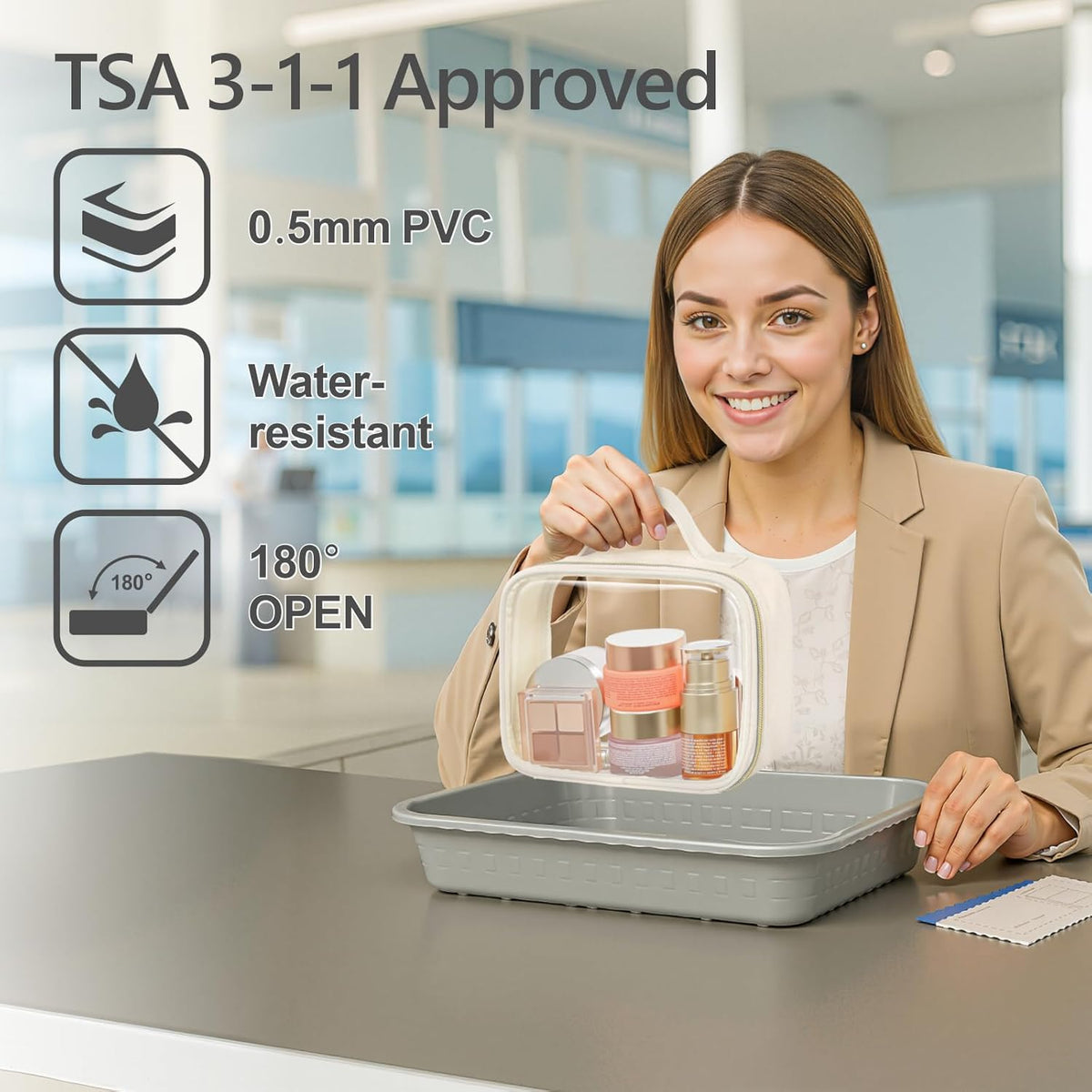 Clear Makeup Bag Travel - TSA Approved Toiletry Bag, 2 Pack Black | 1 Medium Quart Carry-On & 1 Large Checked-Luggage, Easy-Carry Handle, Water-Resistant, Clear Easy-Check for Airport, Women