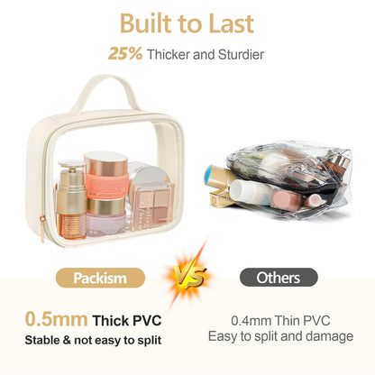 Clear Makeup Bag Travel - TSA Approved Toiletry Bag, 2 Pack Black | 1 Medium Quart Carry-On & 1 Large Checked-Luggage, Easy-Carry Handle, Water-Resistant, Clear Easy-Check for Airport, Women