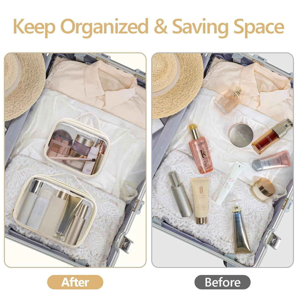 Clear Makeup Bag Travel - TSA Approved Toiletry Bag, 2 Pack Black | 1 Medium Quart Carry-On & 1 Large Checked-Luggage, Easy-Carry Handle, Water-Resistant, Clear Easy-Check for Airport, Women