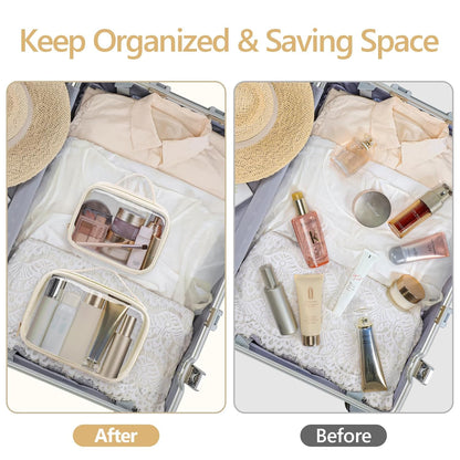 Clear Makeup Bag Travel - TSA Approved Toiletry Bag, 2 Pack Black | 1 Medium Quart Carry-On & 1 Large Checked-Luggage, Easy-Carry Handle, Water-Resistant, Clear Easy-Check for Airport, Women