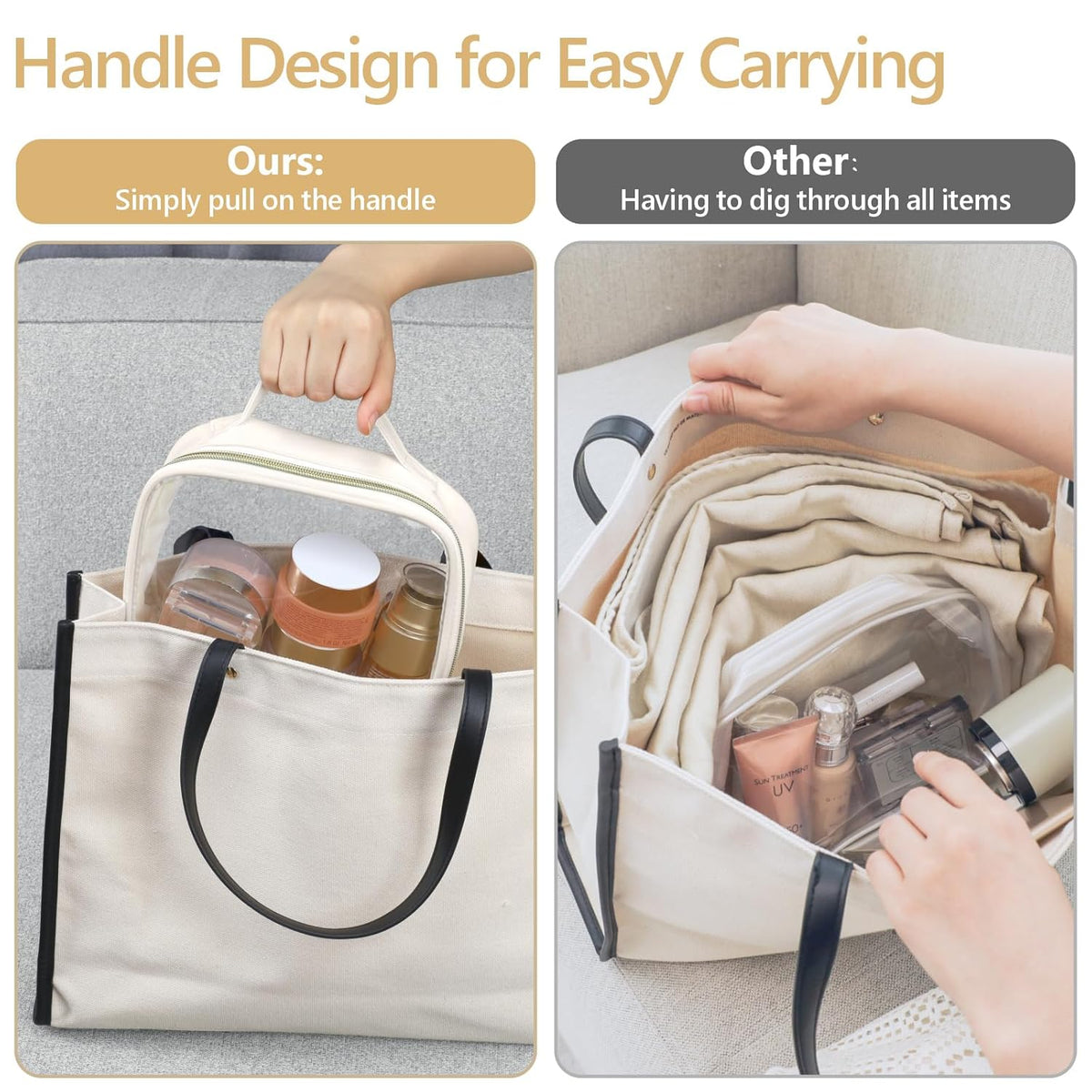 Clear Makeup Bag Travel - TSA Approved Toiletry Bag, 2 Pack Black | 1 Medium Quart Carry-On & 1 Large Checked-Luggage, Easy-Carry Handle, Water-Resistant, Clear Easy-Check for Airport, Women