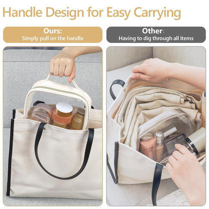 Clear Makeup Bag Travel - TSA Approved Toiletry Bag, 2 Pack Black | 1 Medium Quart Carry-On & 1 Large Checked-Luggage, Easy-Carry Handle, Water-Resistant, Clear Easy-Check for Airport, Women