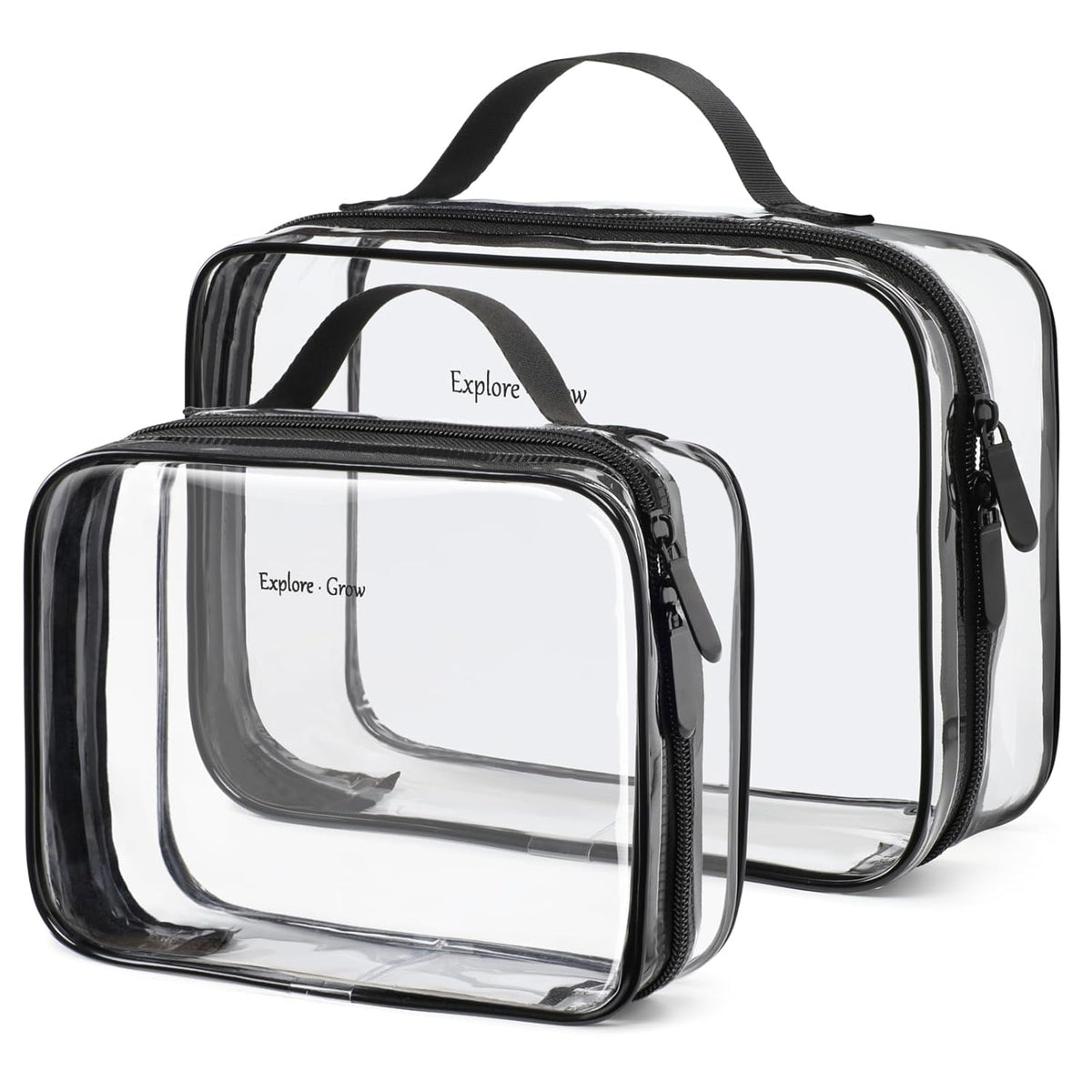 Clear Makeup Bag Travel - TSA Approved Toiletry Bag, 2 Pack Black | 1 Medium Quart Carry-On & 1 Large Checked-Luggage, Easy-Carry Handle, Water-Resistant, Clear Easy-Check for Airport, Women