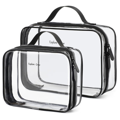 Clear Makeup Bag Travel - TSA Approved Toiletry Bag, 2 Pack Black | 1 Medium Quart Carry-On & 1 Large Checked-Luggage, Easy-Carry Handle, Water-Resistant, Clear Easy-Check for Airport, Women