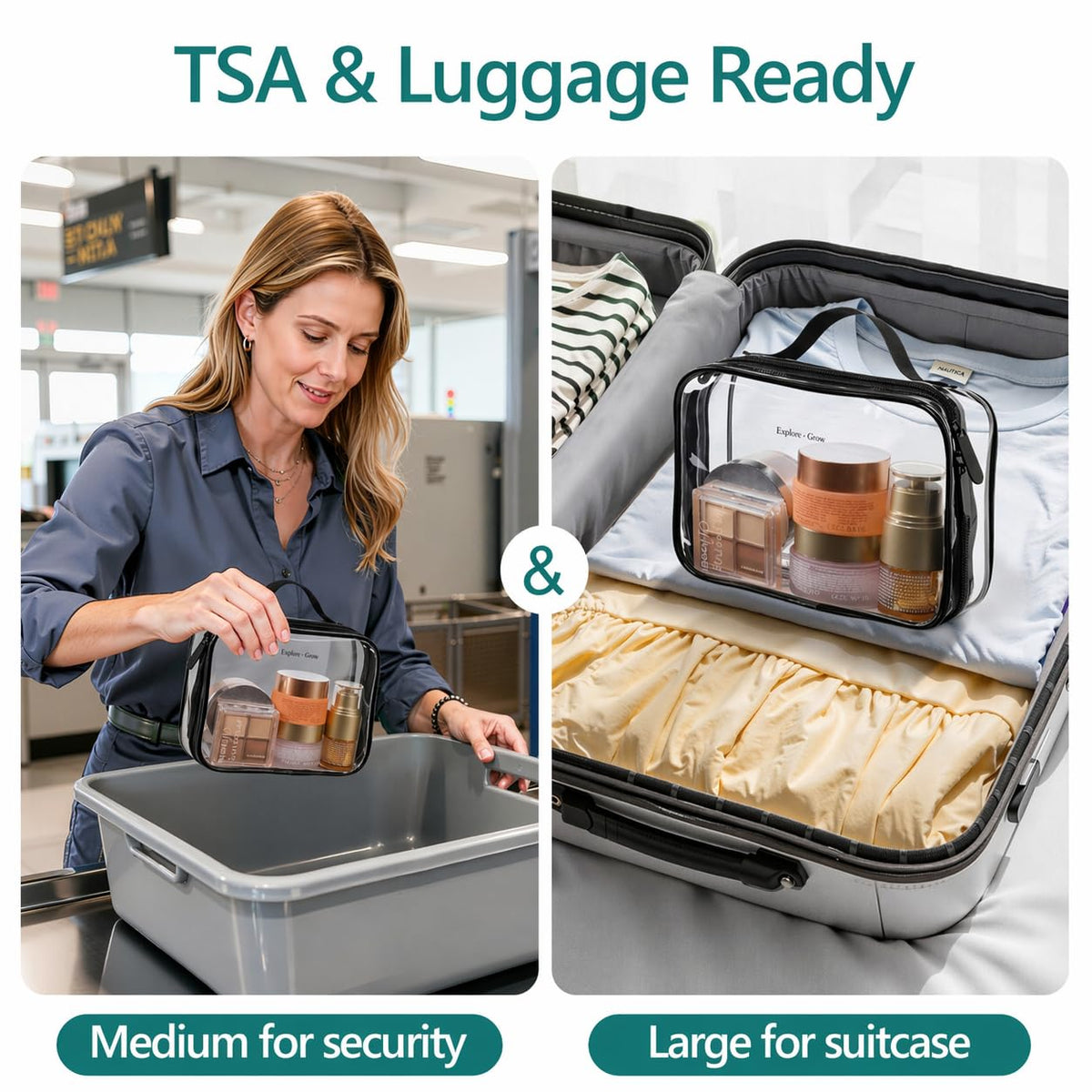 Clear Makeup Bag Travel - TSA Approved Toiletry Bag, 2 Pack Black | 1 Medium Quart Carry-On & 1 Large Checked-Luggage, Easy-Carry Handle, Water-Resistant, Clear Easy-Check for Airport, Women