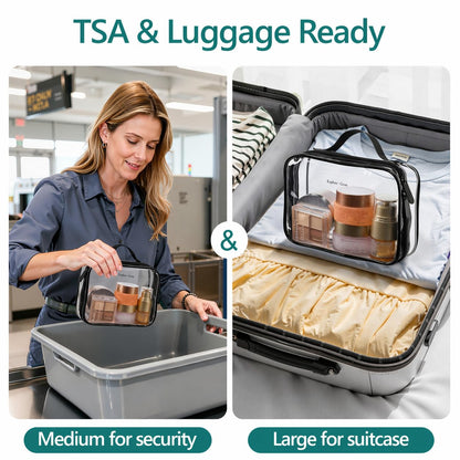 Clear Makeup Bag Travel - TSA Approved Toiletry Bag, 2 Pack Black | 1 Medium Quart Carry-On & 1 Large Checked-Luggage, Easy-Carry Handle, Water-Resistant, Clear Easy-Check for Airport, Women