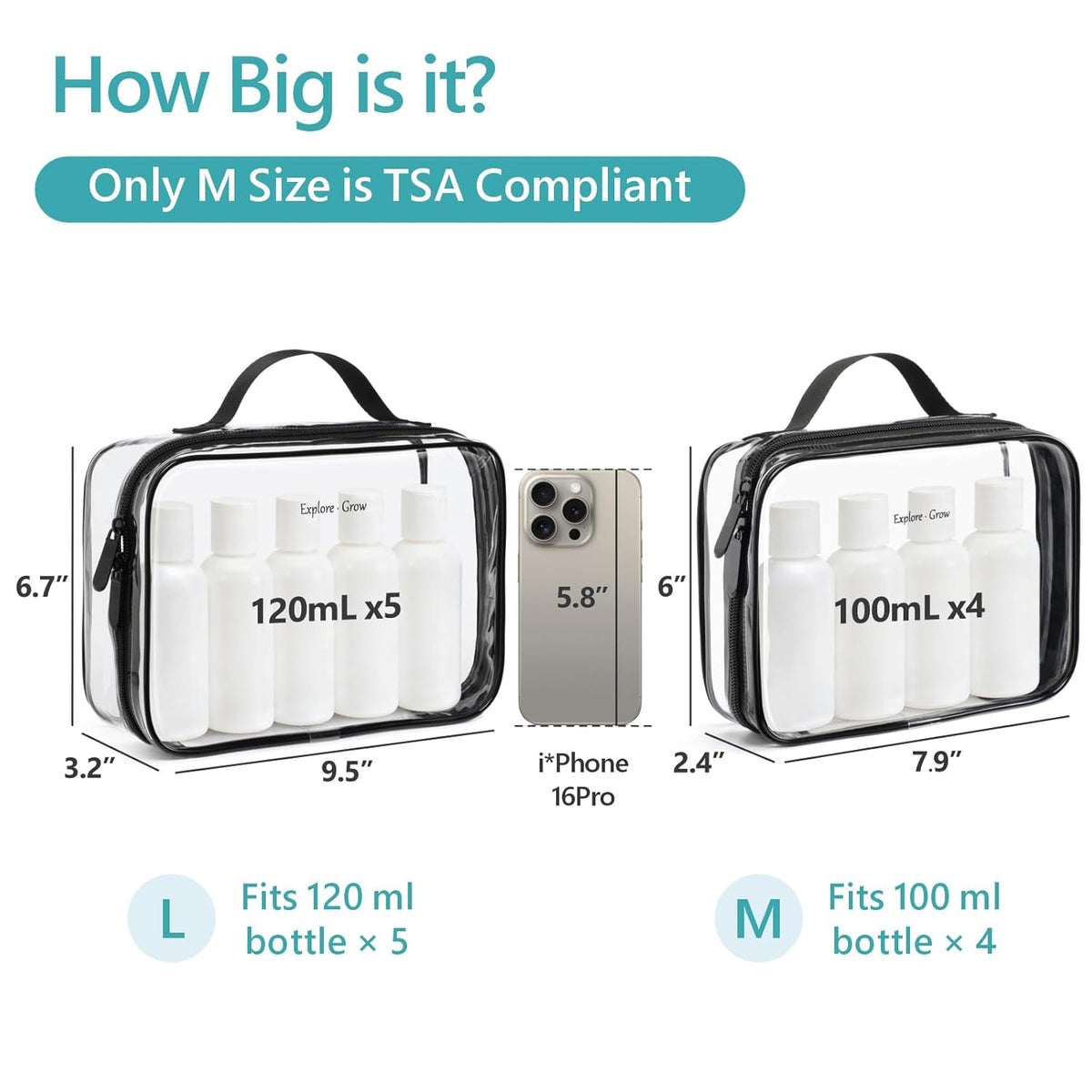 Clear Makeup Bag Travel - TSA Approved Toiletry Bag, 2 Pack Black | 1 Medium Quart Carry-On & 1 Large Checked-Luggage, Easy-Carry Handle, Water-Resistant, Clear Easy-Check for Airport, Women