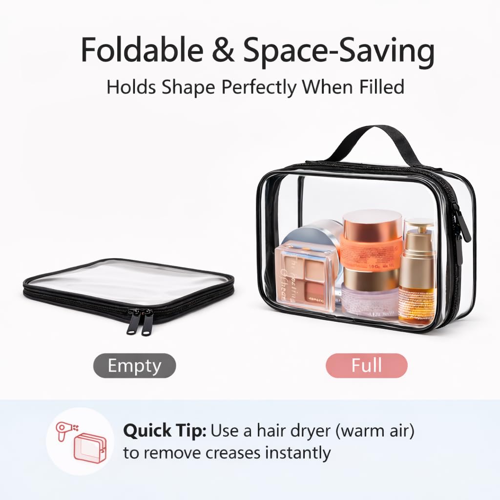 Clear Makeup Bag Travel - TSA Approved Toiletry Bag, 2 Pack Black | 1 Medium Quart Carry-On & 1 Large Checked-Luggage, Easy-Carry Handle, Water-Resistant, Clear Easy-Check for Airport, Women