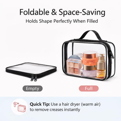 Clear Makeup Bag Travel - TSA Approved Toiletry Bag, 2 Pack Black | 1 Medium Quart Carry-On & 1 Large Checked-Luggage, Easy-Carry Handle, Water-Resistant, Clear Easy-Check for Airport, Women