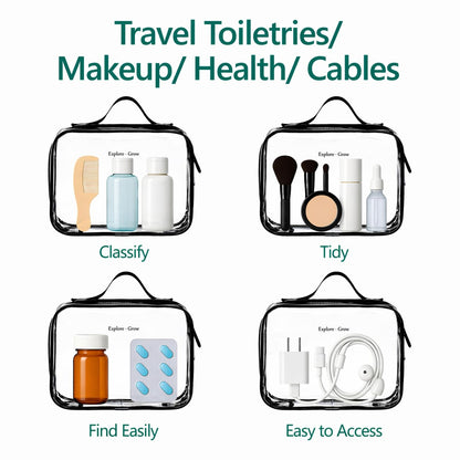 Clear Makeup Bag Travel - TSA Approved Toiletry Bag, 2 Pack Black | 1 Medium Quart Carry-On & 1 Large Checked-Luggage, Easy-Carry Handle, Water-Resistant, Clear Easy-Check for Airport, Women