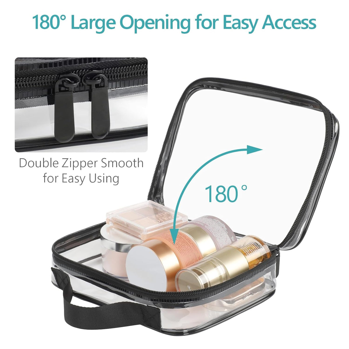 Clear Makeup Bag Travel - TSA Approved Toiletry Bag, 2 Pack Black | 1 Medium Quart Carry-On & 1 Large Checked-Luggage, Easy-Carry Handle, Water-Resistant, Clear Easy-Check for Airport, Women