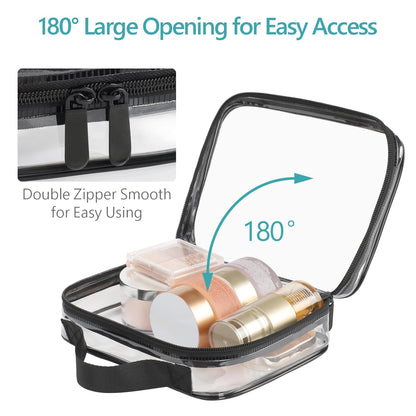 Clear Makeup Bag Travel - TSA Approved Toiletry Bag, 2 Pack Black | 1 Medium Quart Carry-On & 1 Large Checked-Luggage, Easy-Carry Handle, Water-Resistant, Clear Easy-Check for Airport, Women