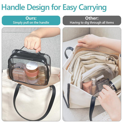 Clear Makeup Bag Travel - TSA Approved Toiletry Bag, 2 Pack Black | 1 Medium Quart Carry-On & 1 Large Checked-Luggage, Easy-Carry Handle, Water-Resistant, Clear Easy-Check for Airport, Women