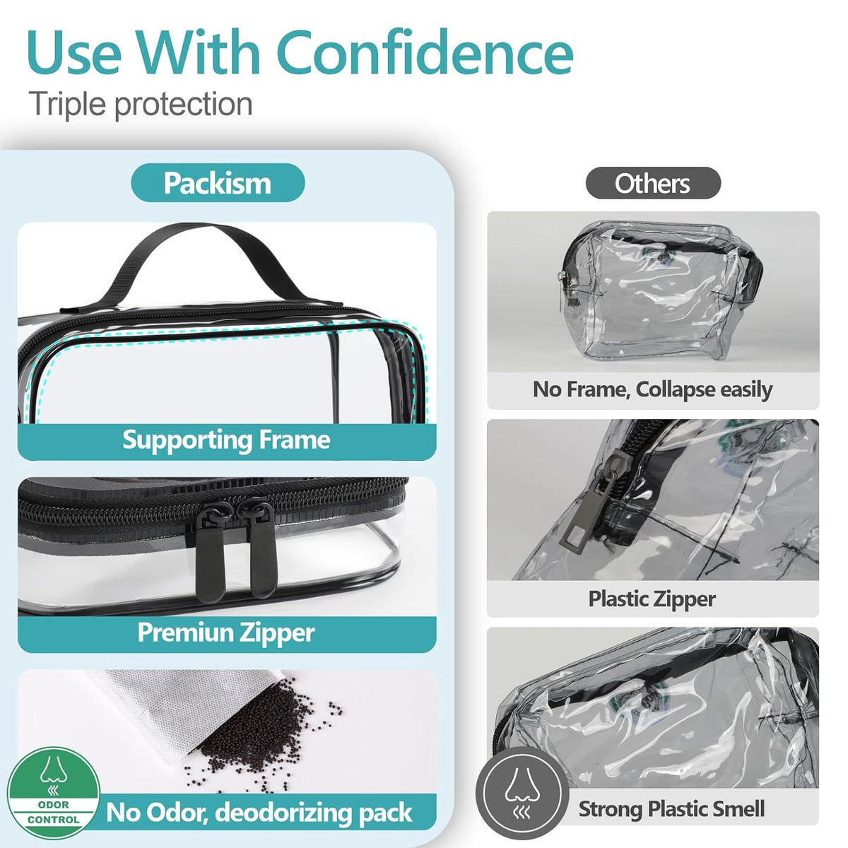 Clear Makeup Bag Travel - TSA Approved Toiletry Bag, 2 Pack Black | 1 Medium Quart Carry-On & 1 Large Checked-Luggage, Easy-Carry Handle, Water-Resistant, Clear Easy-Check for Airport, Women