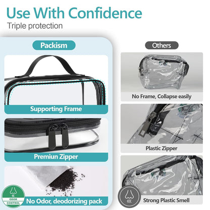 Clear Makeup Bag Travel - TSA Approved Toiletry Bag, 2 Pack Black | 1 Medium Quart Carry-On & 1 Large Checked-Luggage, Easy-Carry Handle, Water-Resistant, Clear Easy-Check for Airport, Women