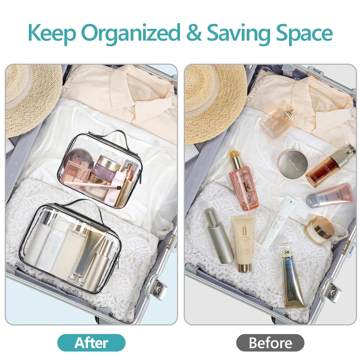 Clear Makeup Bag Travel - TSA Approved Toiletry Bag, 2 Pack Black | 1 Medium Quart Carry-On & 1 Large Checked-Luggage, Easy-Carry Handle, Water-Resistant, Clear Easy-Check for Airport, Women