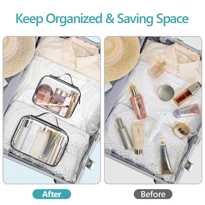 Clear Makeup Bag Travel - TSA Approved Toiletry Bag, 2 Pack Black | 1 Medium Quart Carry-On & 1 Large Checked-Luggage, Easy-Carry Handle, Water-Resistant, Clear Easy-Check for Airport, Women