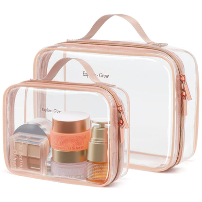 Clear Makeup Bag Travel - TSA Approved Toiletry Bag, 2 Pack Black | 1 Medium Quart Carry-On & 1 Large Checked-Luggage, Easy-Carry Handle, Water-Resistant, Clear Easy-Check for Airport, Women