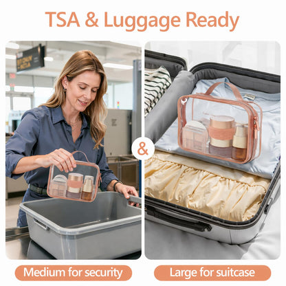 Clear Makeup Bag Travel - TSA Approved Toiletry Bag, 2 Pack Black | 1 Medium Quart Carry-On & 1 Large Checked-Luggage, Easy-Carry Handle, Water-Resistant, Clear Easy-Check for Airport, Women