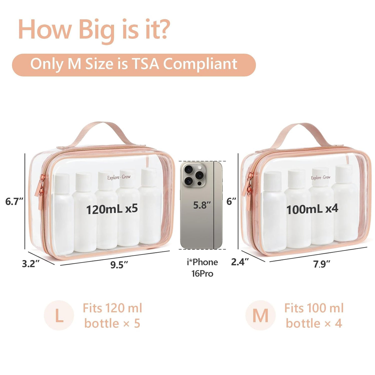 Clear Makeup Bag Travel - TSA Approved Toiletry Bag, 2 Pack Black | 1 Medium Quart Carry-On & 1 Large Checked-Luggage, Easy-Carry Handle, Water-Resistant, Clear Easy-Check for Airport, Women