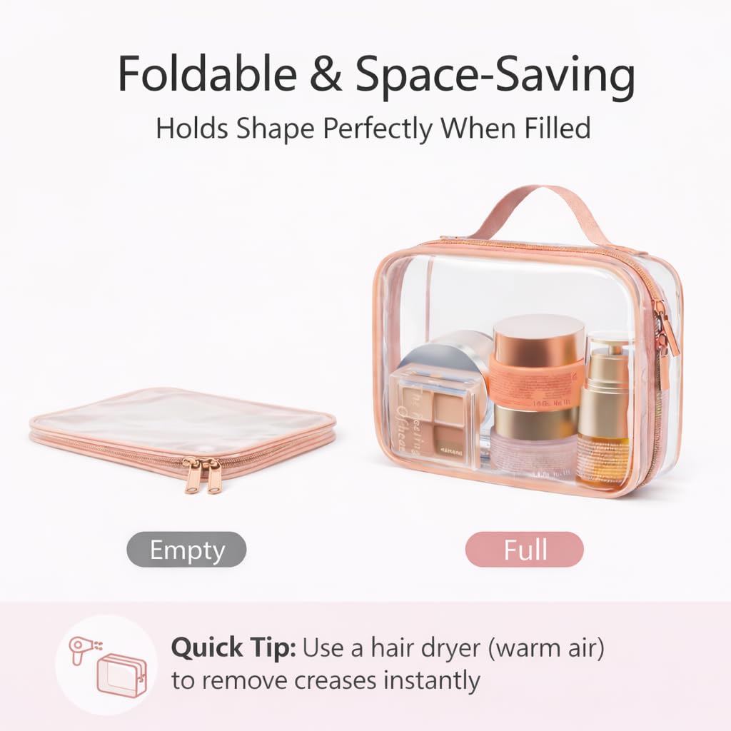 Clear Makeup Bag Travel - TSA Approved Toiletry Bag, 2 Pack Black | 1 Medium Quart Carry-On & 1 Large Checked-Luggage, Easy-Carry Handle, Water-Resistant, Clear Easy-Check for Airport, Women