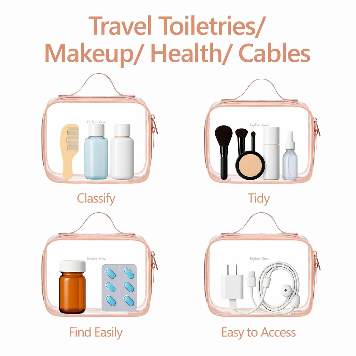 Clear Makeup Bag Travel - TSA Approved Toiletry Bag, 2 Pack Black | 1 Medium Quart Carry-On & 1 Large Checked-Luggage, Easy-Carry Handle, Water-Resistant, Clear Easy-Check for Airport, Women