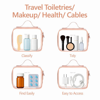 Clear Makeup Bag Travel - TSA Approved Toiletry Bag, 2 Pack Black | 1 Medium Quart Carry-On & 1 Large Checked-Luggage, Easy-Carry Handle, Water-Resistant, Clear Easy-Check for Airport, Women
