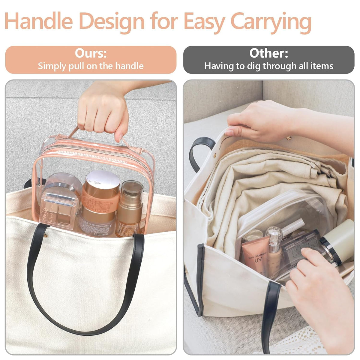 Clear Makeup Bag Travel - TSA Approved Toiletry Bag, 2 Pack Black | 1 Medium Quart Carry-On & 1 Large Checked-Luggage, Easy-Carry Handle, Water-Resistant, Clear Easy-Check for Airport, Women