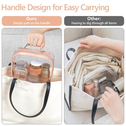 Clear Makeup Bag Travel - TSA Approved Toiletry Bag, 2 Pack Black | 1 Medium Quart Carry-On & 1 Large Checked-Luggage, Easy-Carry Handle, Water-Resistant, Clear Easy-Check for Airport, Women