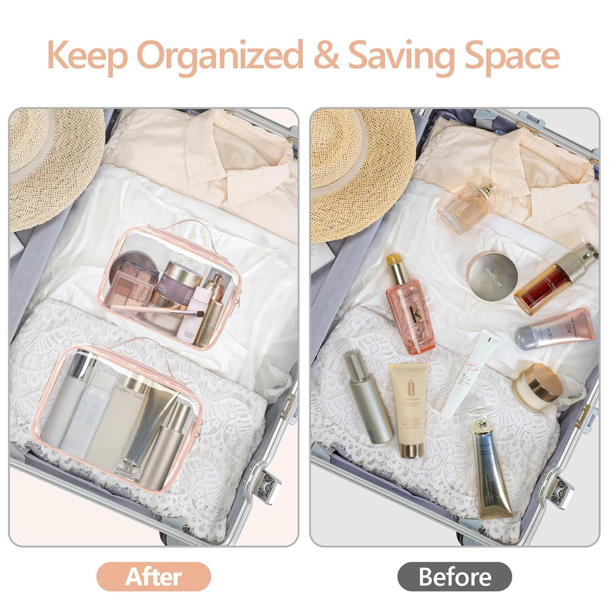 Clear Makeup Bag Travel - TSA Approved Toiletry Bag, 2 Pack Black | 1 Medium Quart Carry-On & 1 Large Checked-Luggage, Easy-Carry Handle, Water-Resistant, Clear Easy-Check for Airport, Women