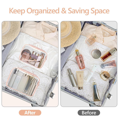 Clear Makeup Bag Travel - TSA Approved Toiletry Bag, 2 Pack Black | 1 Medium Quart Carry-On & 1 Large Checked-Luggage, Easy-Carry Handle, Water-Resistant, Clear Easy-Check for Airport, Women