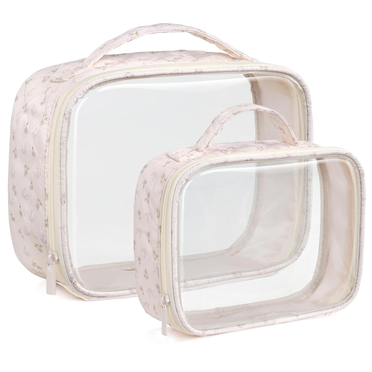 Clear Makeup Bag Travel - TSA Approved Toiletry Bag, 2 Pack Black | 1 Medium Quart Carry-On & 1 Large Checked-Luggage, Easy-Carry Handle, Water-Resistant, Clear Easy-Check for Airport, Women