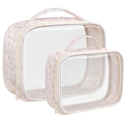 Clear Makeup Bag Travel - TSA Approved Toiletry Bag, 2 Pack Black | 1 Medium Quart Carry-On & 1 Large Checked-Luggage, Easy-Carry Handle, Water-Resistant, Clear Easy-Check for Airport, Women