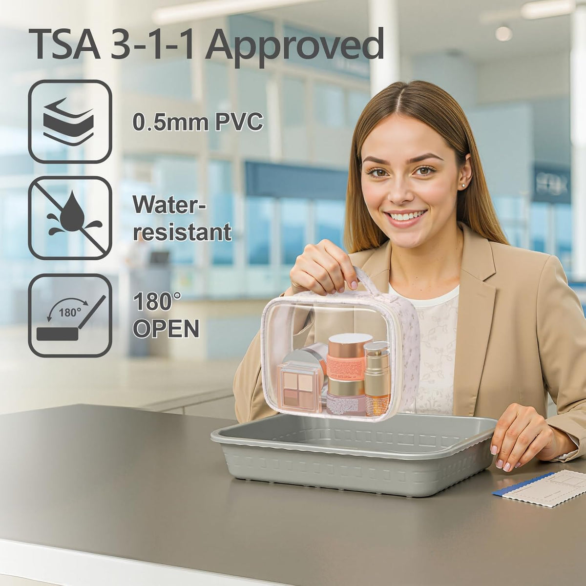 Clear Makeup Bag Travel - TSA Approved Toiletry Bag, 2 Pack Black | 1 Medium Quart Carry-On & 1 Large Checked-Luggage, Easy-Carry Handle, Water-Resistant, Clear Easy-Check for Airport, Women