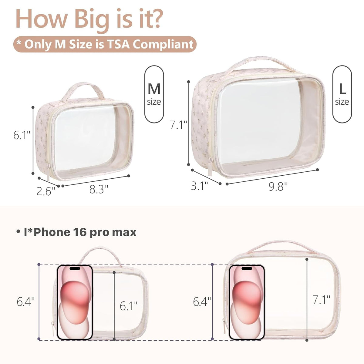 Clear Makeup Bag Travel - TSA Approved Toiletry Bag, 2 Pack Black | 1 Medium Quart Carry-On & 1 Large Checked-Luggage, Easy-Carry Handle, Water-Resistant, Clear Easy-Check for Airport, Women