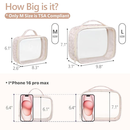 Clear Makeup Bag Travel - TSA Approved Toiletry Bag, 2 Pack Black | 1 Medium Quart Carry-On & 1 Large Checked-Luggage, Easy-Carry Handle, Water-Resistant, Clear Easy-Check for Airport, Women