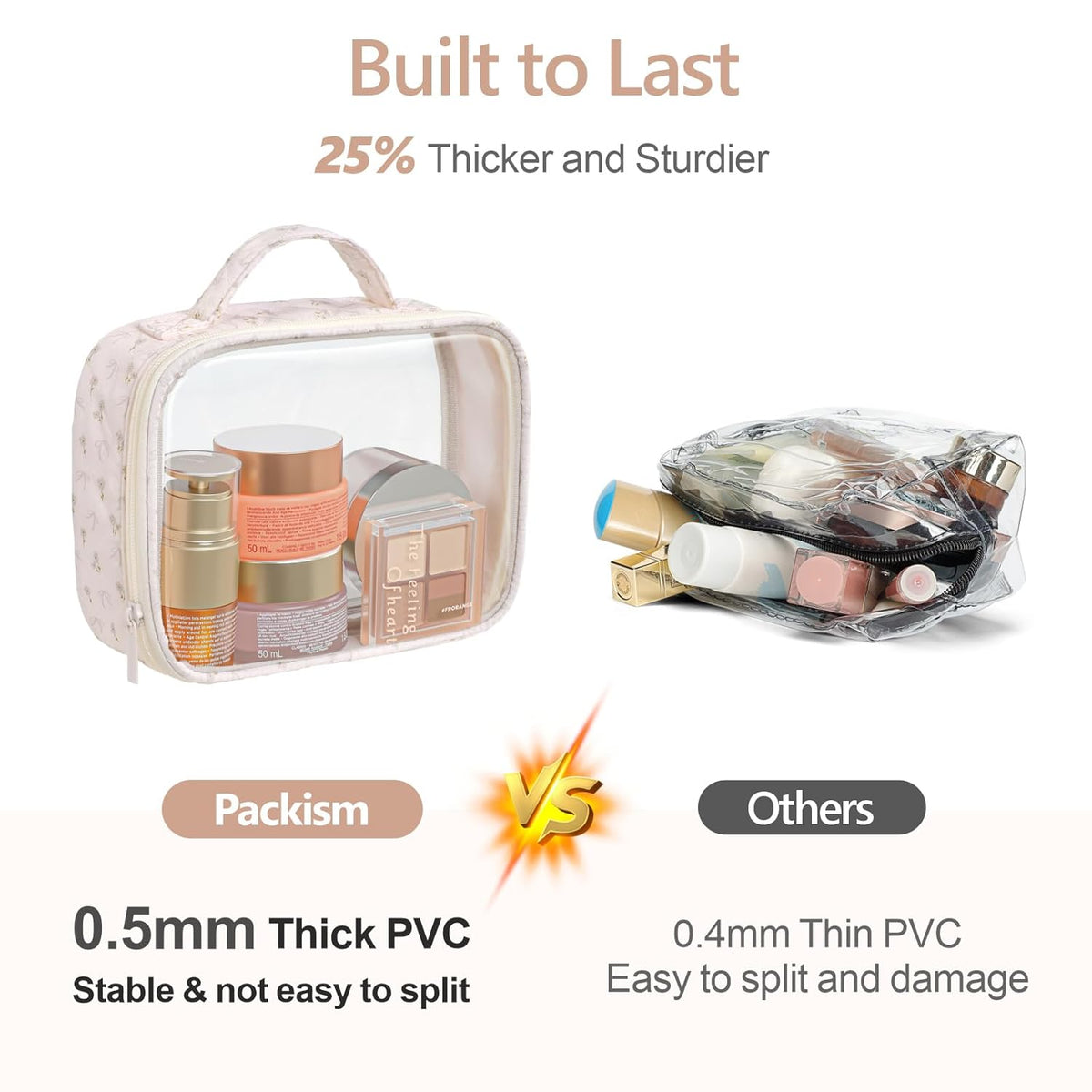 Clear Makeup Bag Travel - TSA Approved Toiletry Bag, 2 Pack Black | 1 Medium Quart Carry-On & 1 Large Checked-Luggage, Easy-Carry Handle, Water-Resistant, Clear Easy-Check for Airport, Women