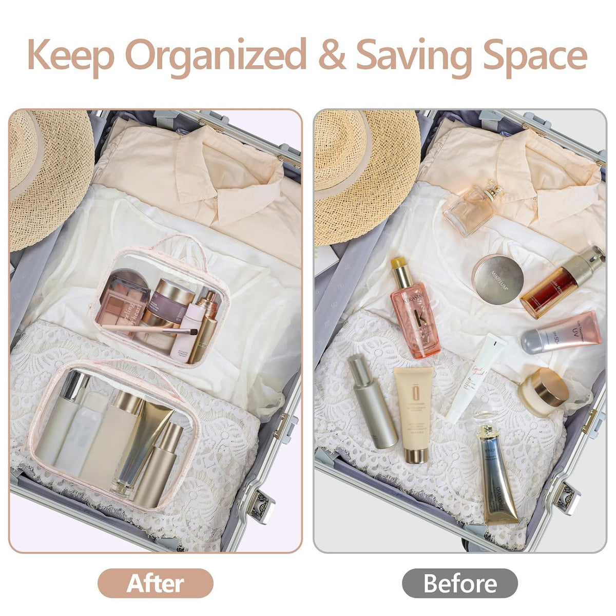 Clear Makeup Bag Travel - TSA Approved Toiletry Bag, 2 Pack Black | 1 Medium Quart Carry-On & 1 Large Checked-Luggage, Easy-Carry Handle, Water-Resistant, Clear Easy-Check for Airport, Women