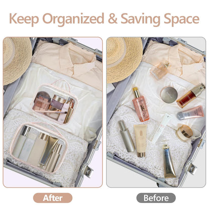 Clear Makeup Bag Travel - TSA Approved Toiletry Bag, 2 Pack Black | 1 Medium Quart Carry-On & 1 Large Checked-Luggage, Easy-Carry Handle, Water-Resistant, Clear Easy-Check for Airport, Women