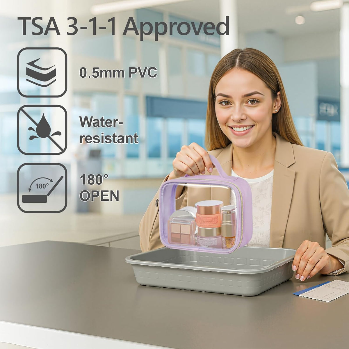 Clear Makeup Bag Travel - TSA Approved Toiletry Bag, 2 Pack Black | 1 Medium Quart Carry-On & 1 Large Checked-Luggage, Easy-Carry Handle, Water-Resistant, Clear Easy-Check for Airport, Women