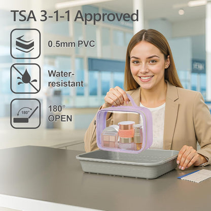 Clear Makeup Bag Travel - TSA Approved Toiletry Bag, 2 Pack Black | 1 Medium Quart Carry-On & 1 Large Checked-Luggage, Easy-Carry Handle, Water-Resistant, Clear Easy-Check for Airport, Women