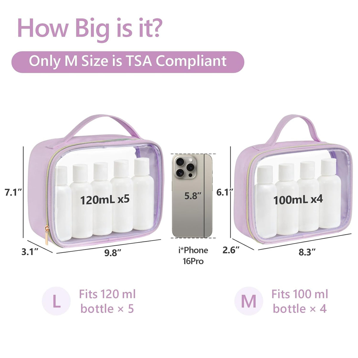 Clear Makeup Bag Travel - TSA Approved Toiletry Bag, 2 Pack Black | 1 Medium Quart Carry-On & 1 Large Checked-Luggage, Easy-Carry Handle, Water-Resistant, Clear Easy-Check for Airport, Women