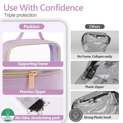 Clear Makeup Bag Travel - TSA Approved Toiletry Bag, 2 Pack Black | 1 Medium Quart Carry-On & 1 Large Checked-Luggage, Easy-Carry Handle, Water-Resistant, Clear Easy-Check for Airport, Women