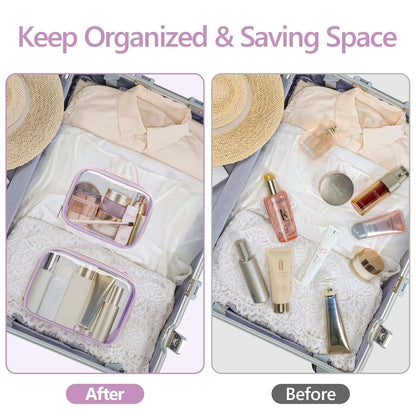 Clear Makeup Bag Travel - TSA Approved Toiletry Bag, 2 Pack Black | 1 Medium Quart Carry-On & 1 Large Checked-Luggage, Easy-Carry Handle, Water-Resistant, Clear Easy-Check for Airport, Women